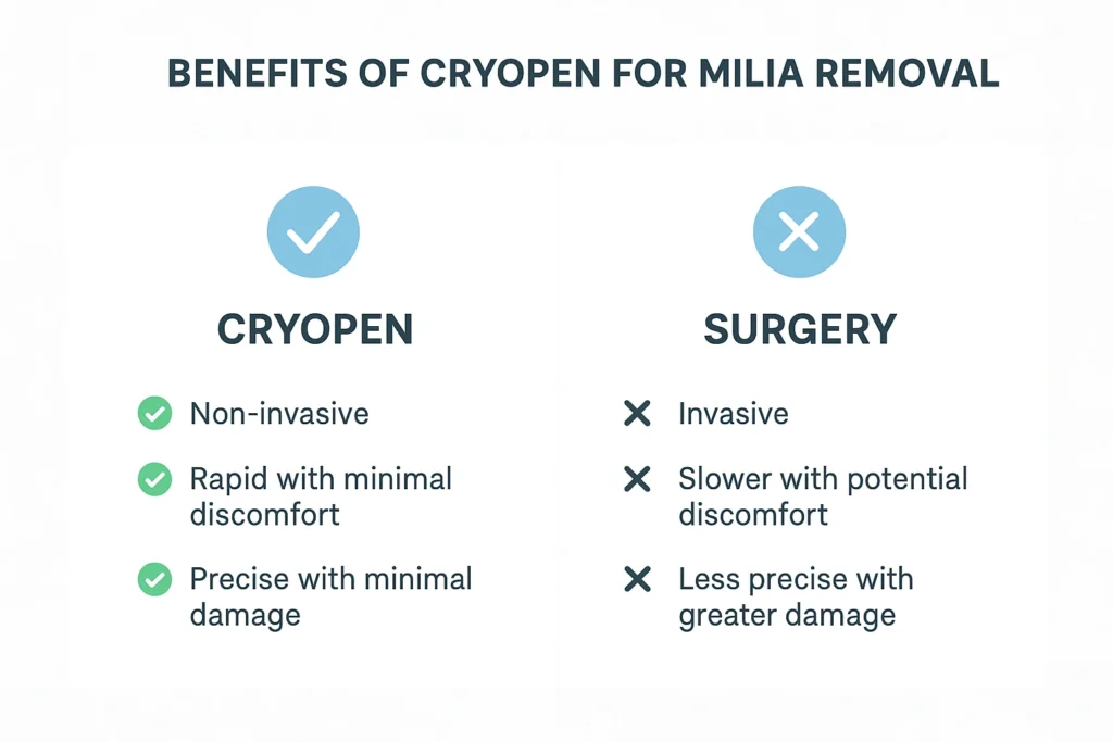 Benefits of cryopen for milia removal Redhill compared to surgical treatments.