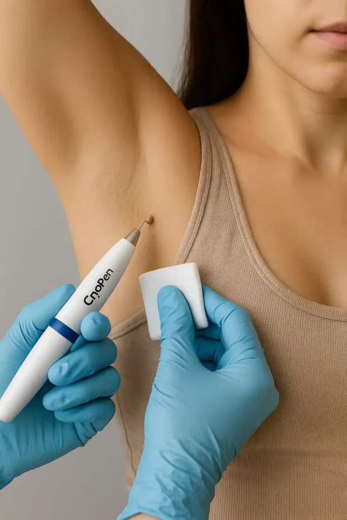 woman having cryopen to remove underarm skin tags Redhill
