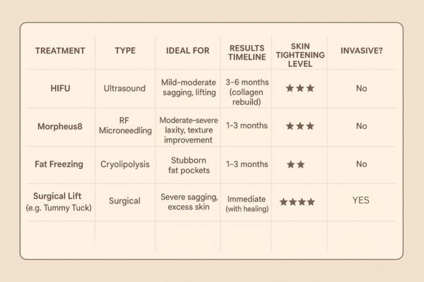 Table showing the comparisons of Skin tightening Redhill treatment options.
